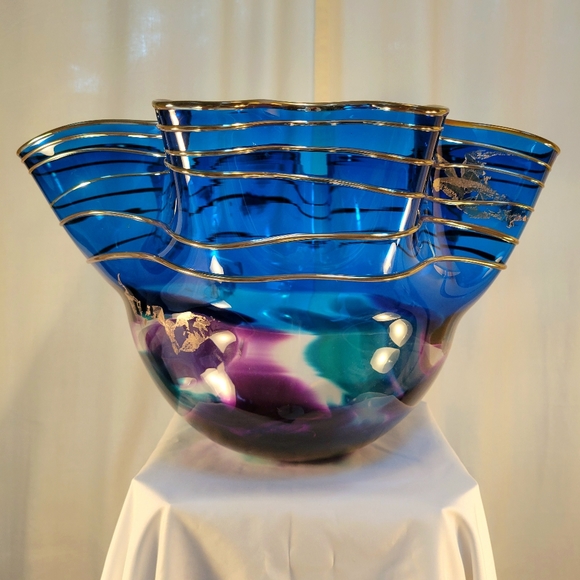 Hand Crafted Other - Scott & Laura Curry PNW Art Glass Blue/Gold Large Ruffled Handkerchief Bowl 2002